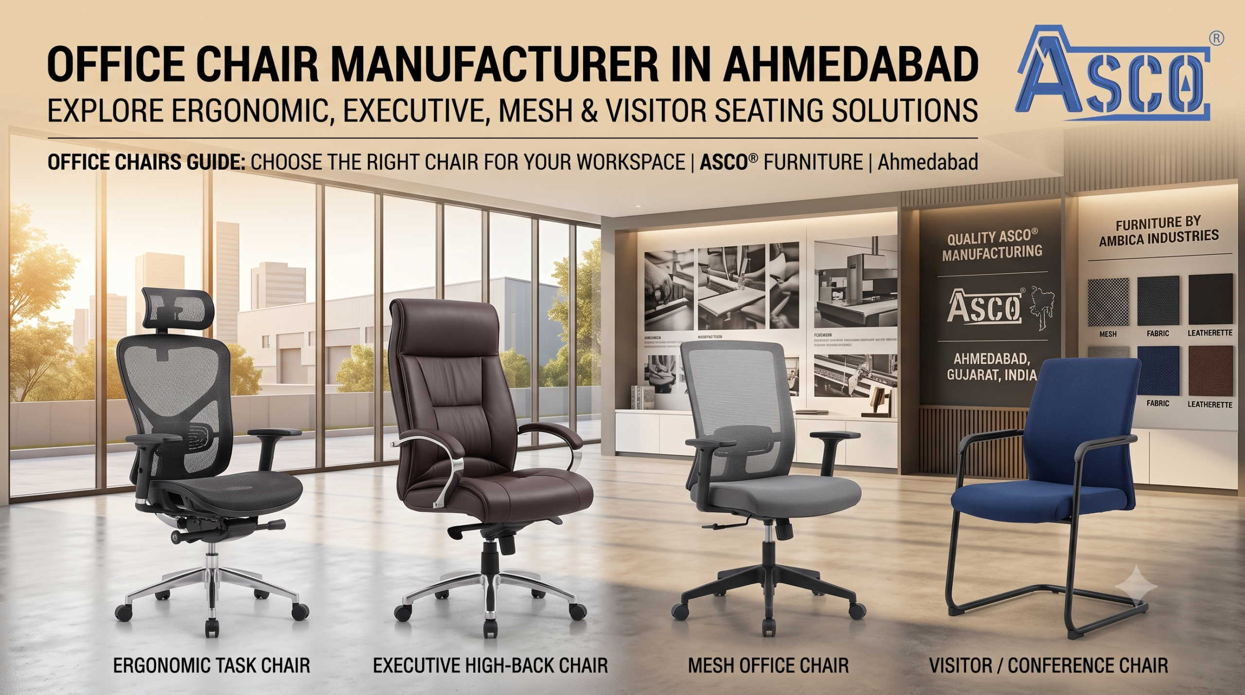 ASCO® office chair manufacturer in Ahmedabad featuring ergonomic, executive and mesh office chairs