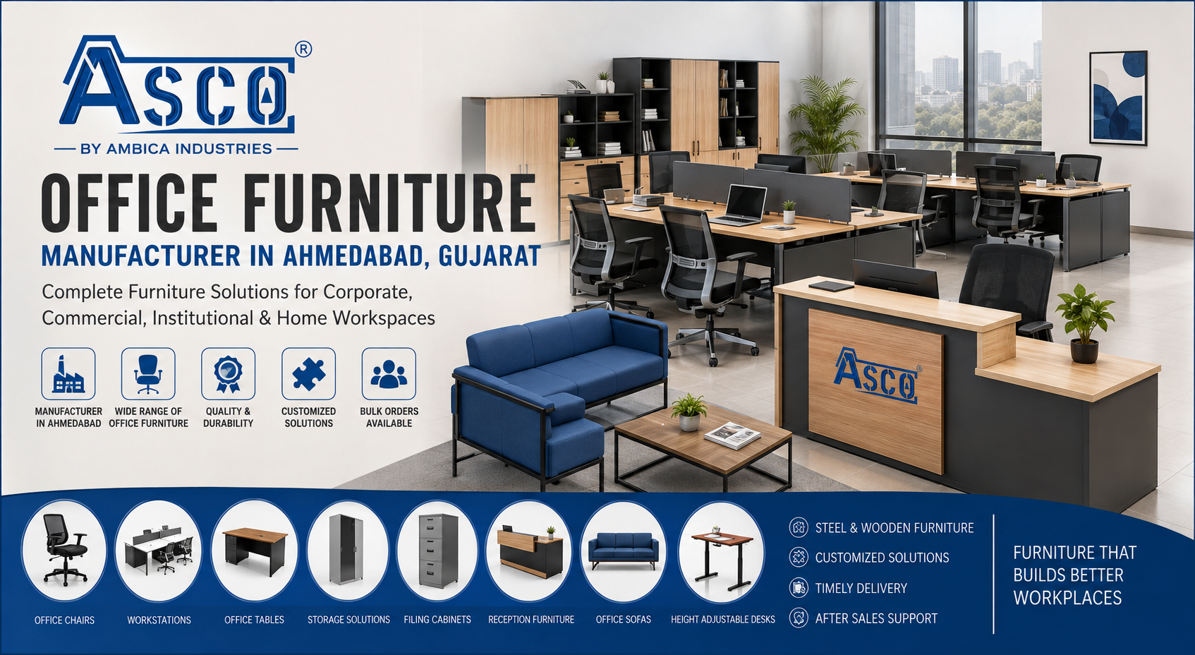 ASCO® office furniture manufacturer in Ahmedabad, Gujarat, featuring office chairs, workstations, office tables, storage solutions, reception furniture, office sofas and height-adjustable desks