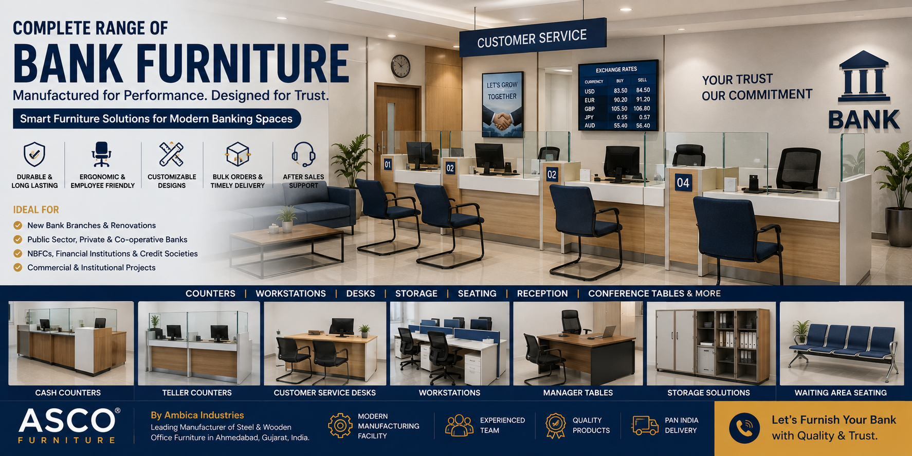Bank furniture manufacturer in Ahmedabad offering bank counters, teller counters, workstations, desks, storage and waiting area seating
