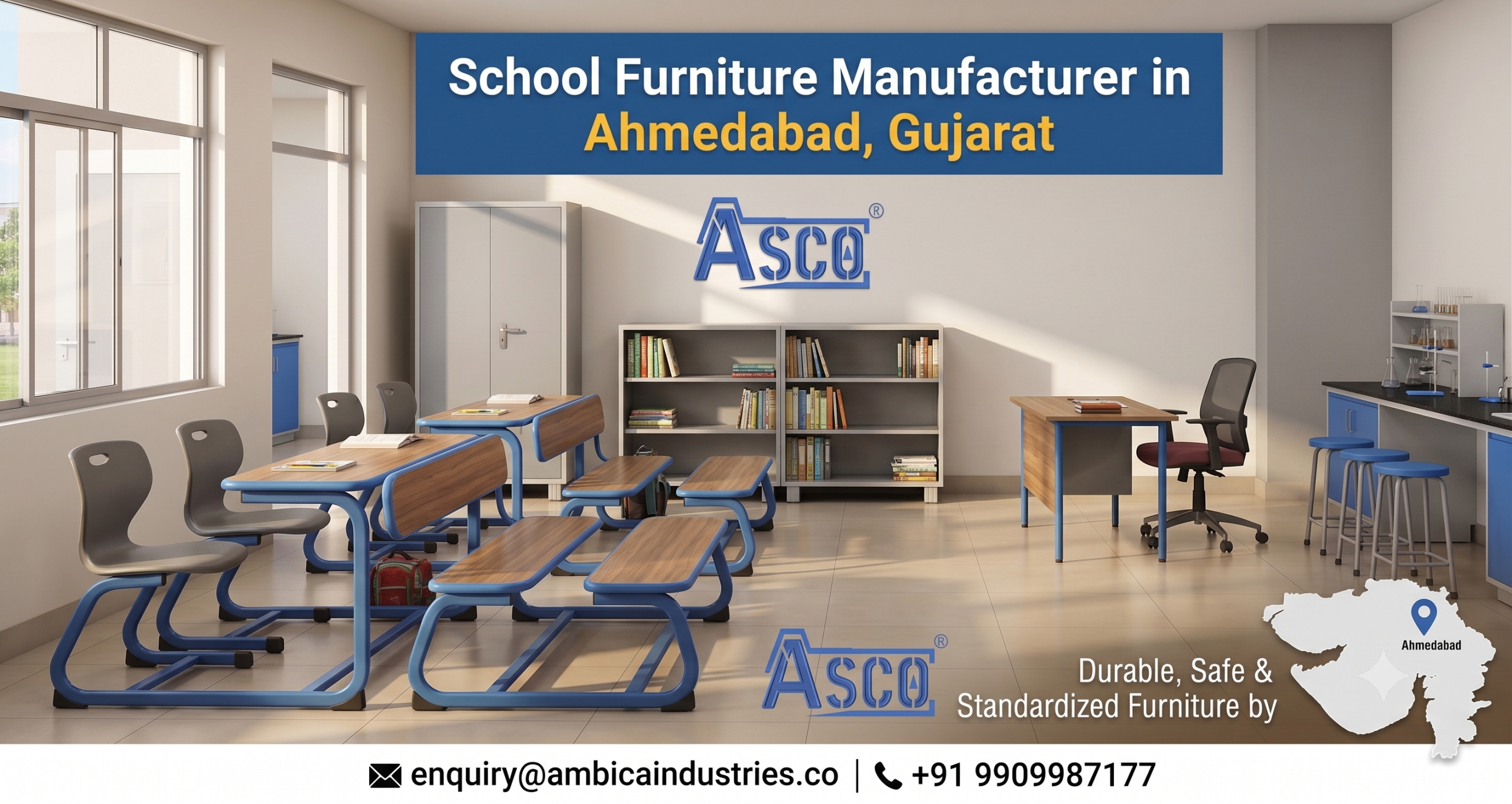 School furniture manufacturer in Ahmedabad ASCO desks benches chairs and storage