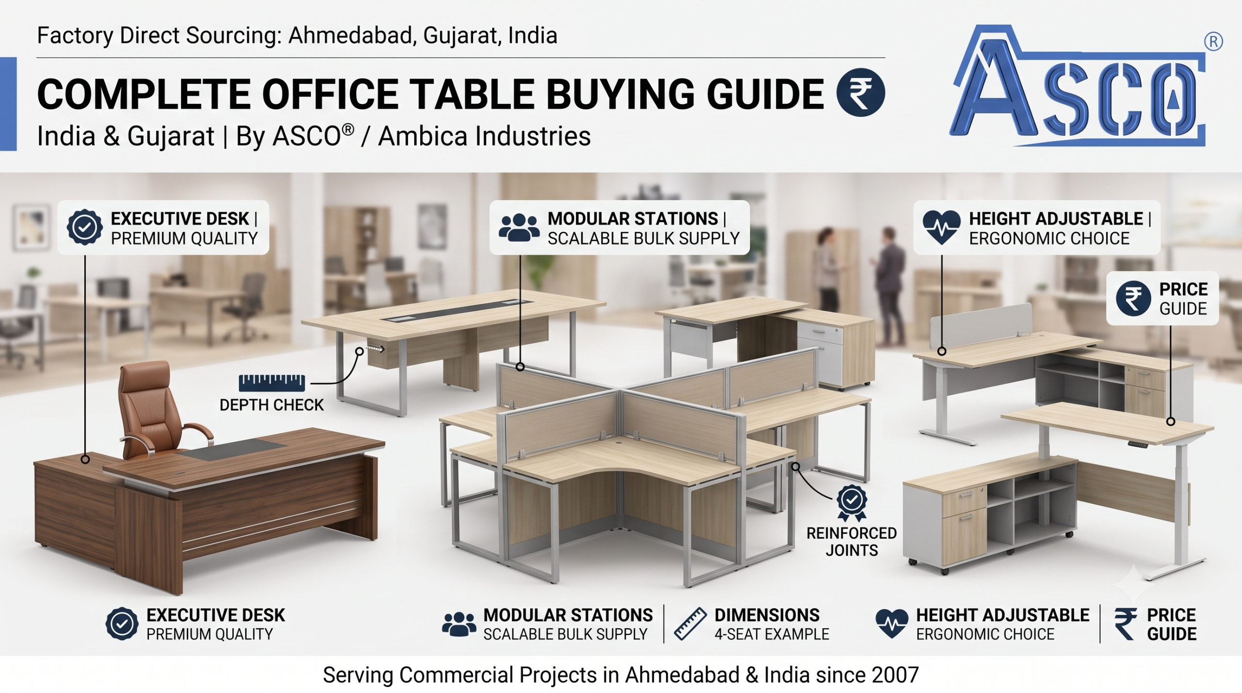 ASCO® office tables manufactured by Ambica Industries in Ahmedabad, Gujarat, for corporate offices, executive cabins, workstations, meeting rooms, commercial workplaces and professional office furniture requirements.